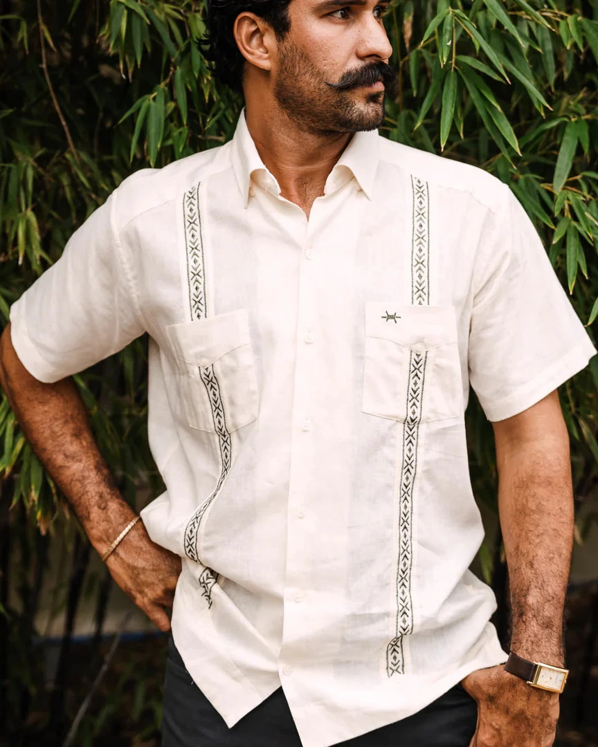 Tejas Guayabera - Flores in ivory with green geometric embroidery, TEXAS STANDARD men's shirt