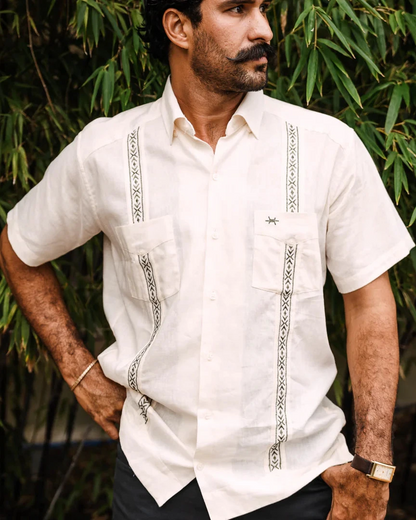 Tejas Guayabera - Flores in ivory with green geometric embroidery, TEXAS STANDARD men's shirt