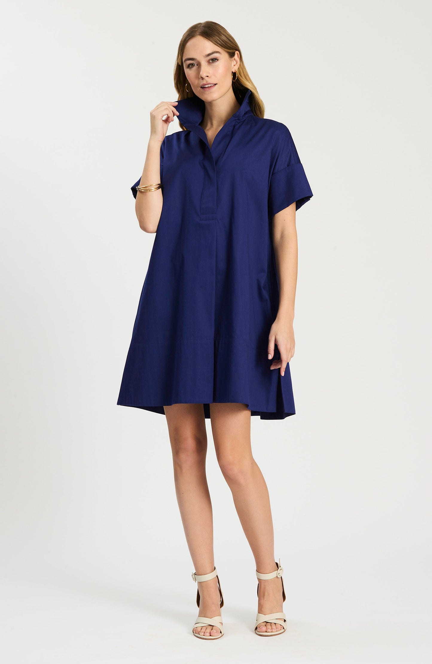 Addie Cotton Short Shirtdress in blue cotton with stand collar and cuffed sleeves by TYLER BOE