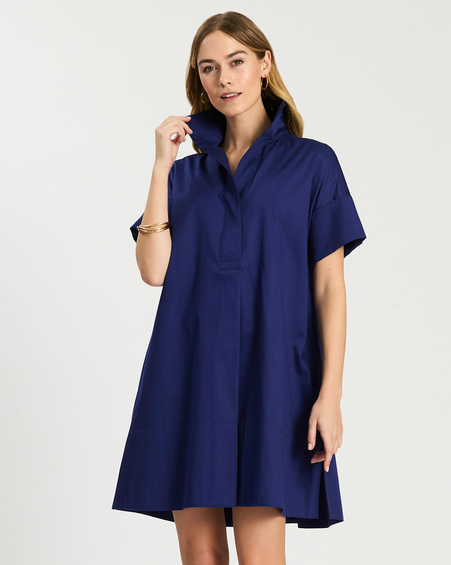 Addie Cotton Short Shirtdress in blue cotton with stand collar and cuffed short sleeves by TYLER BOE