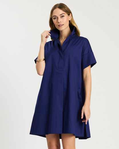 Addie Cotton Short Shirtdress in blue cotton with stand collar and cuffed short sleeves by TYLER BOE