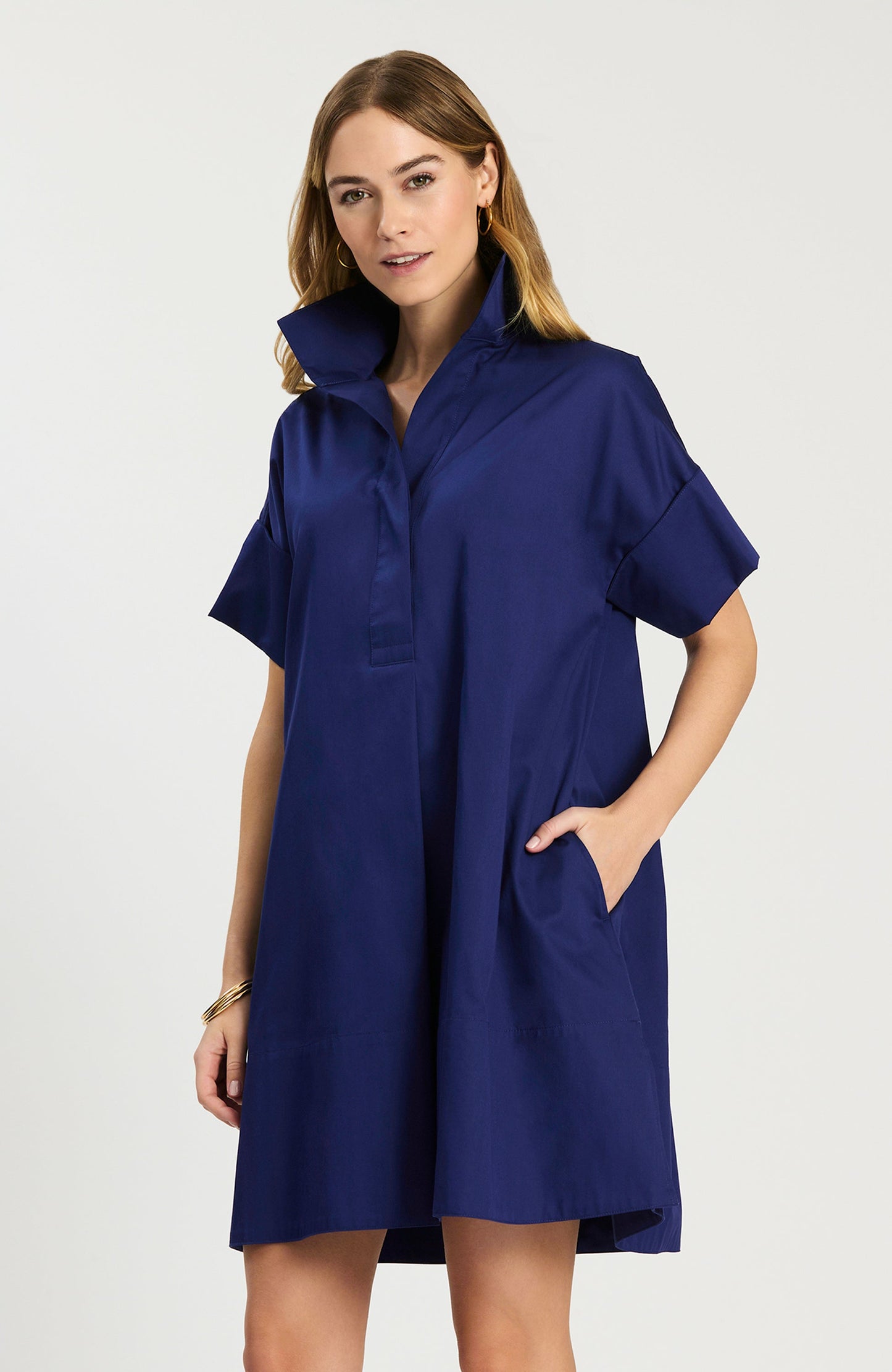 Addie Cotton Short Shirtdress in blue cotton with stand collar and cuffed sleeves by TYLER BOE