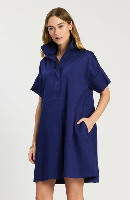 Addie Cotton Short Shirtdress in blue cotton with stand collar and cuffed sleeves by TYLER BOE