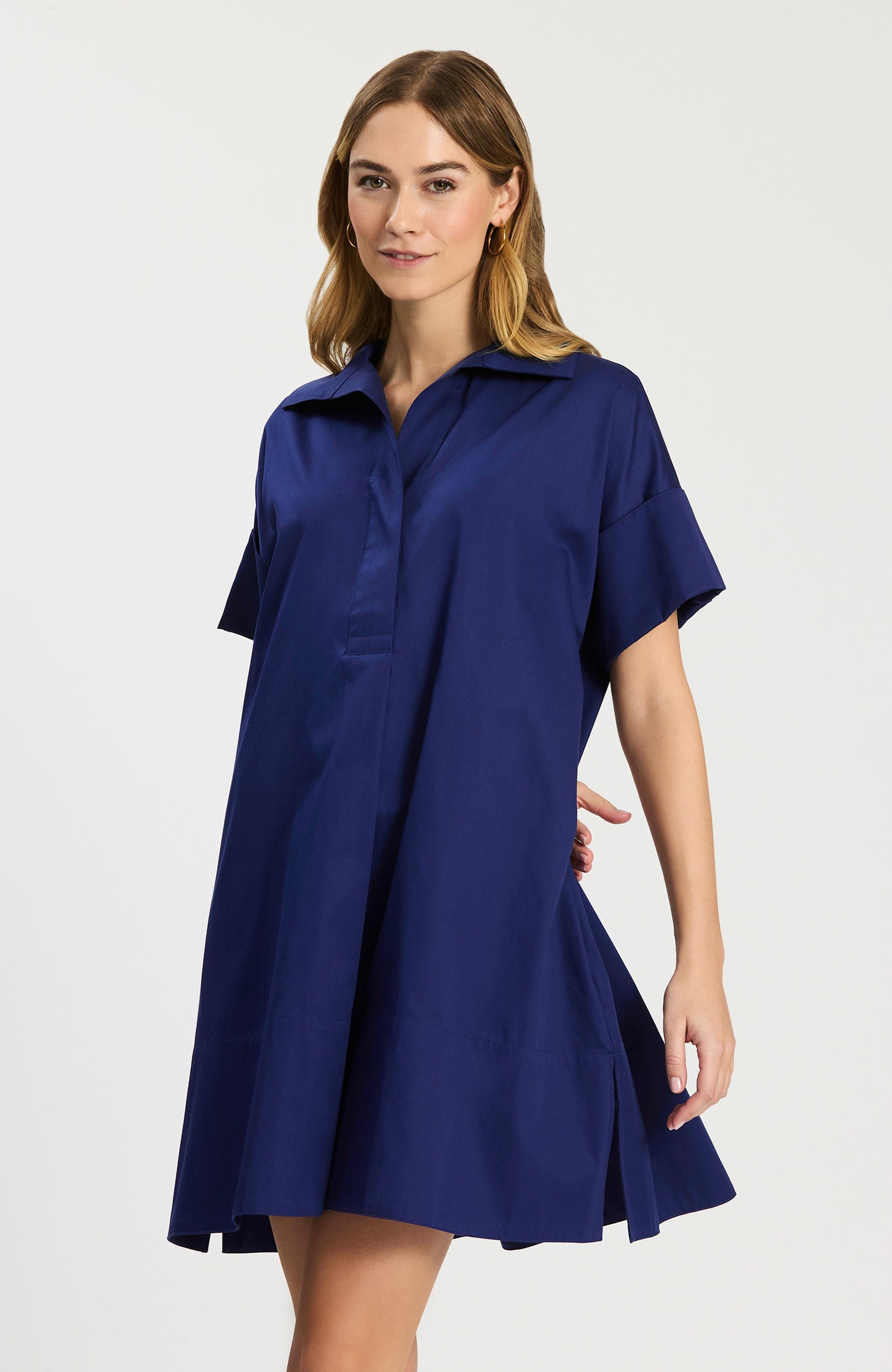 Addie Cotton Short Shirtdress in blue cotton with cuffed sleeves and stand collar by TYLER BOE