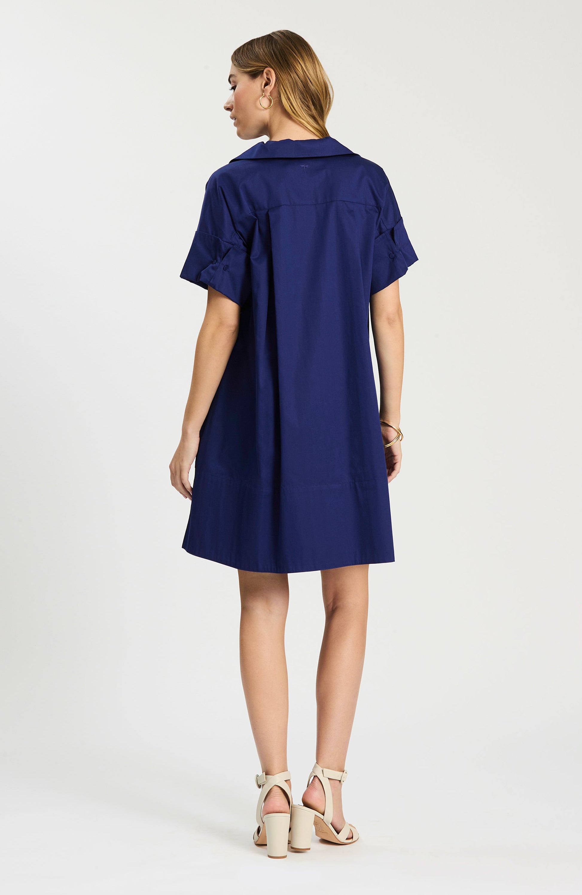 Addie Cotton Short Shirtdress in blue cotton with cuffed sleeves, Tyler Boe at HCO FBG