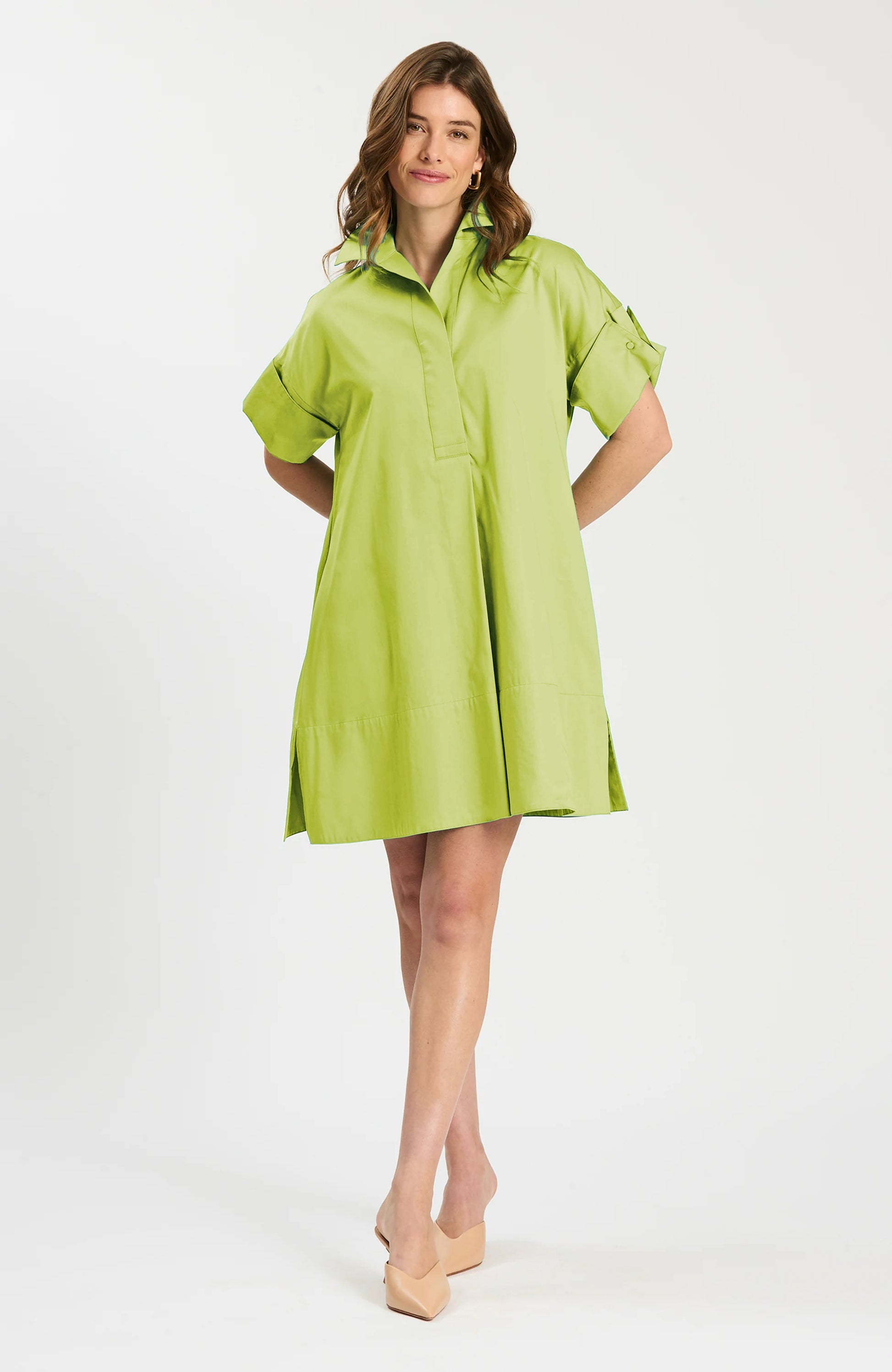 Addie Cotton Short Shirtdress - Lime Green in cotton with relaxed fit, Tyler Boe, HCO Fredericksburg