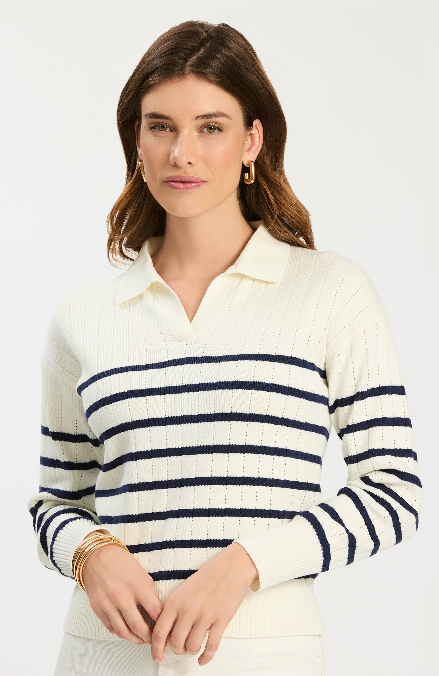Johnny Collared Sweater in striped knit with open V-placket, Women's Sweaters by TYLER BOE