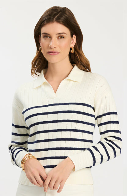 Johnny Collared Sweater in striped knit with open V-placket, Women's Sweaters by TYLER BOE