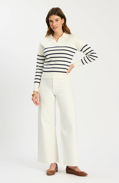 Johnny Collared Sweater in striped knit with open V-placket, Women's Sweaters by TYLER BOE