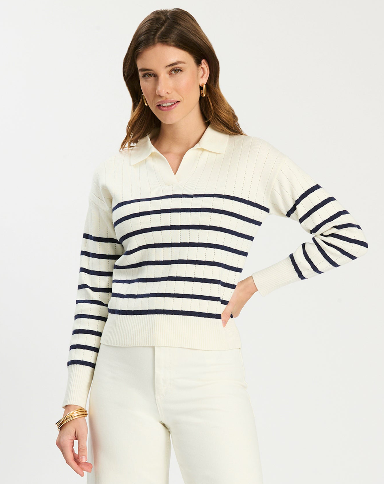Johnny Collared Sweater in striped knit with open V-placket, Women's Sweaters by TYLER BOE