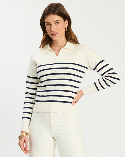 Johnny Collared Sweater in striped knit with open V-placket, Women's Sweaters by TYLER BOE