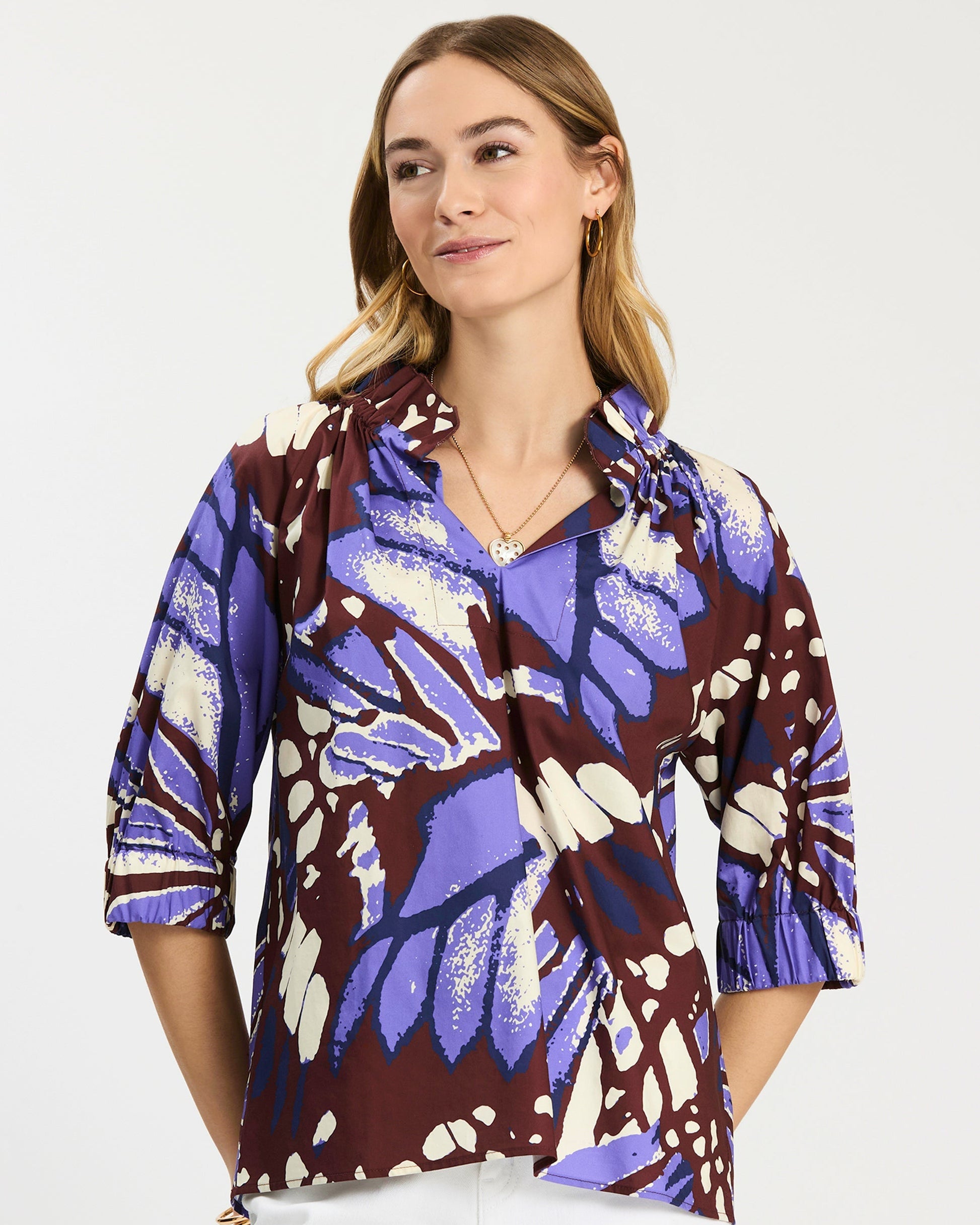Glorie Feathered Fancy Top in multicolor cotton with elbow puff sleeves by TYLER BOE, Women's shirts