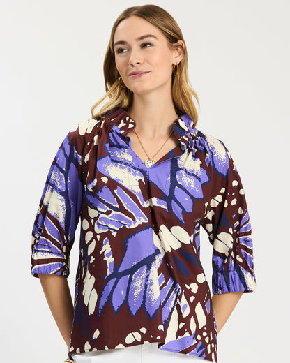 Glorie Feathered Fancy Top in multicolor cotton with elbow puff sleeves by TYLER BOE, Women's shirts