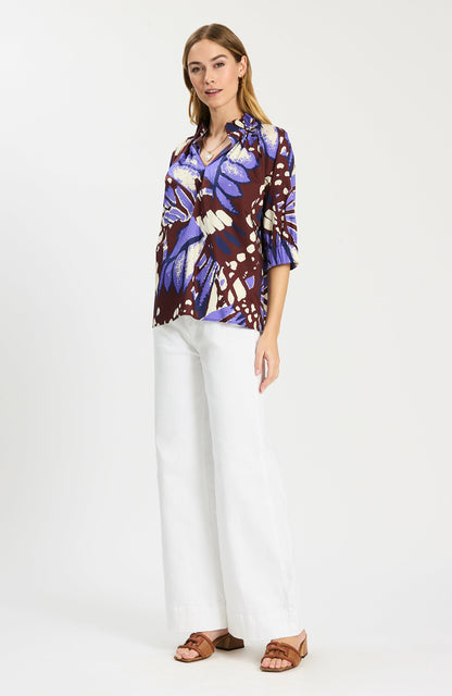 Glorie Feathered Fancy Top in multicolor cotton with elbow-length puff sleeves by TYLER BOE