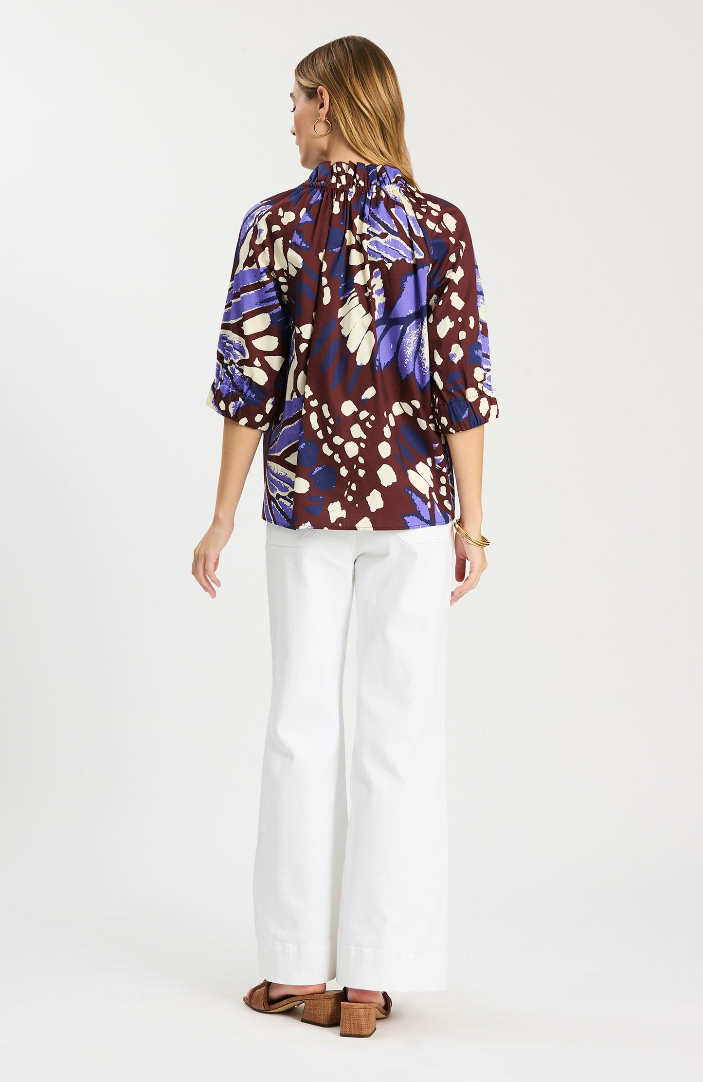 Glorie Feathered Fancy Top in multicolor cotton with elbow puff sleeves by TYLER BOE