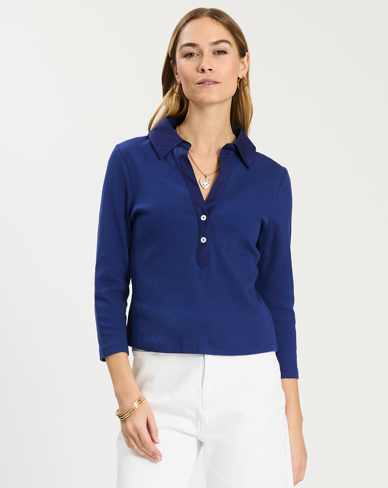 Poppy Ribbed Polo in blue stretch fabric with collared V-neck and three-quarter sleeves by TYLER BOE