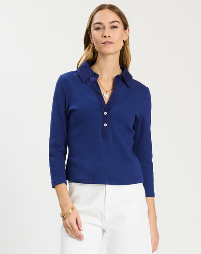 Poppy Ribbed Polo in blue stretch fabric with collared V-neck and three-quarter sleeves by TYLER BOE