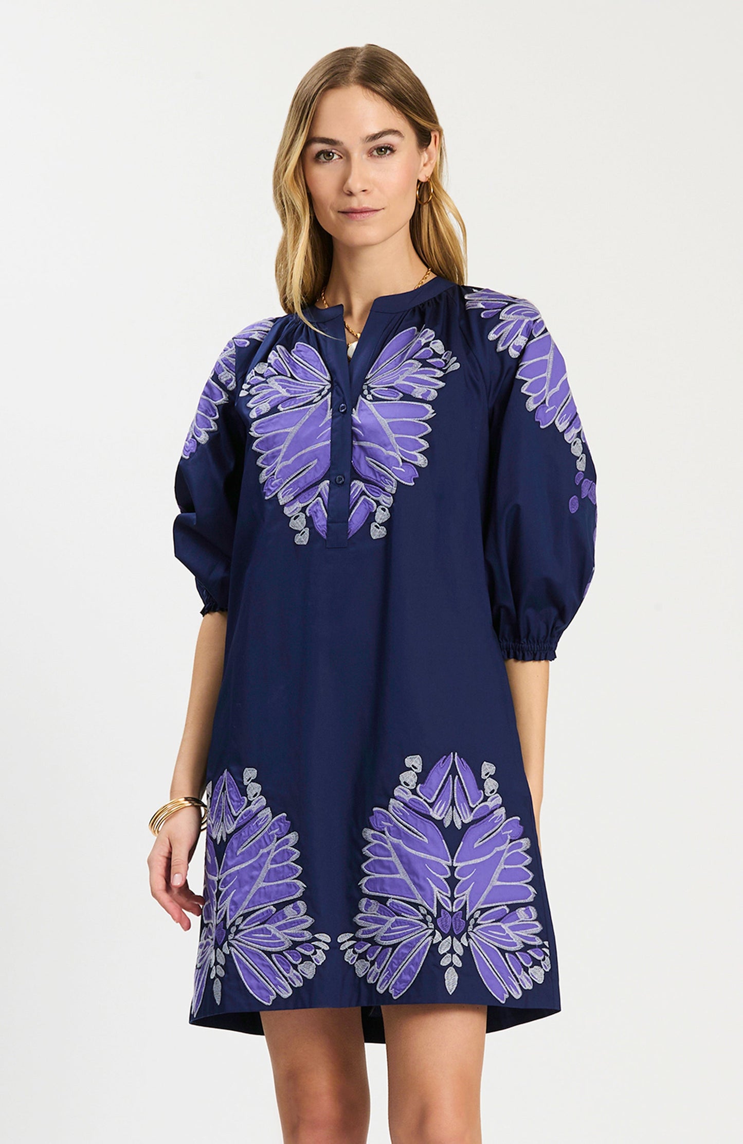 Sarah Applique Dress in stretch cotton with floral appliqué and bracelet sleeves by TYLER BOE
