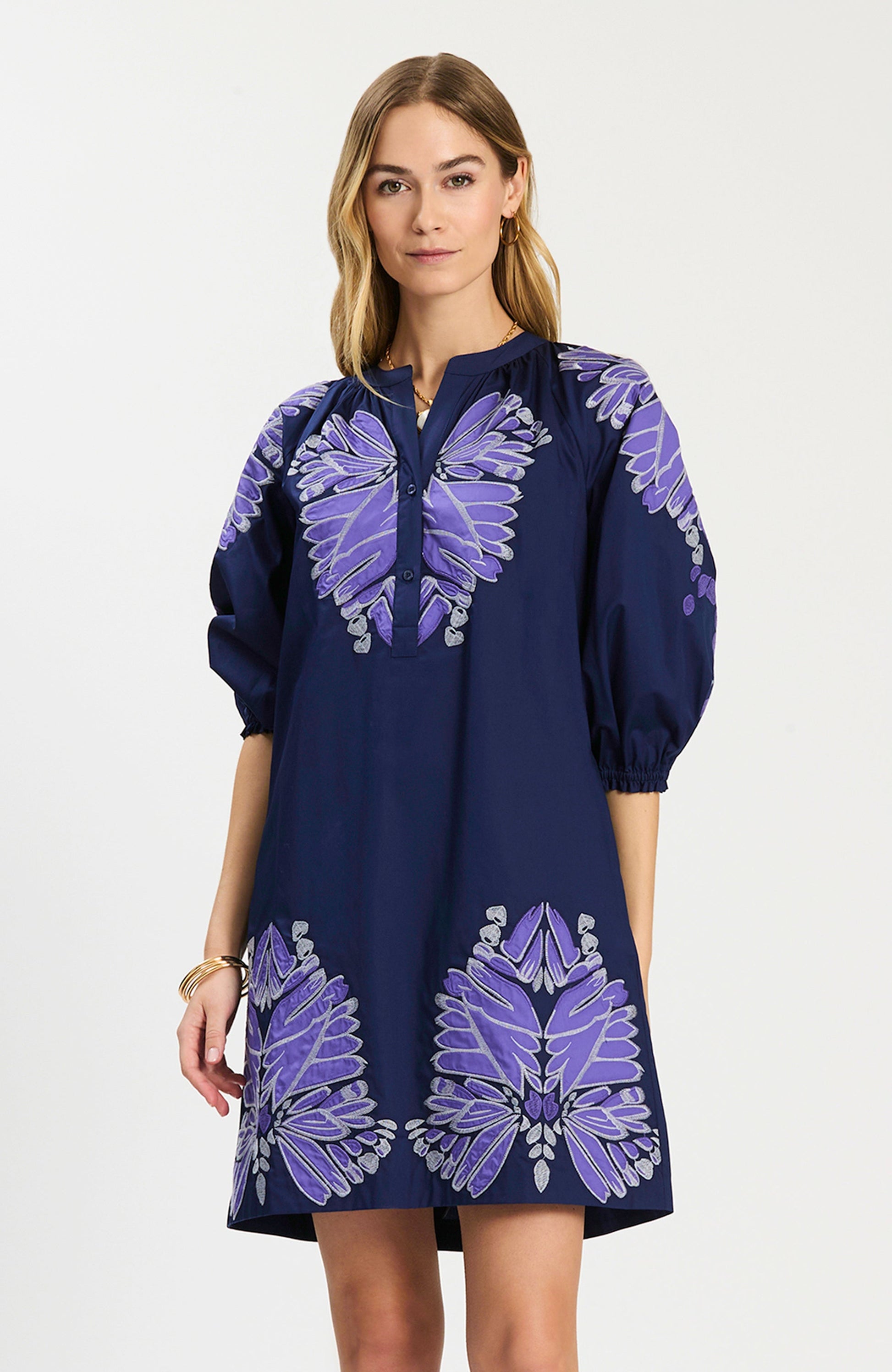 Sarah Applique Dress in stretch cotton with floral appliqué and bracelet sleeves by TYLER BOE