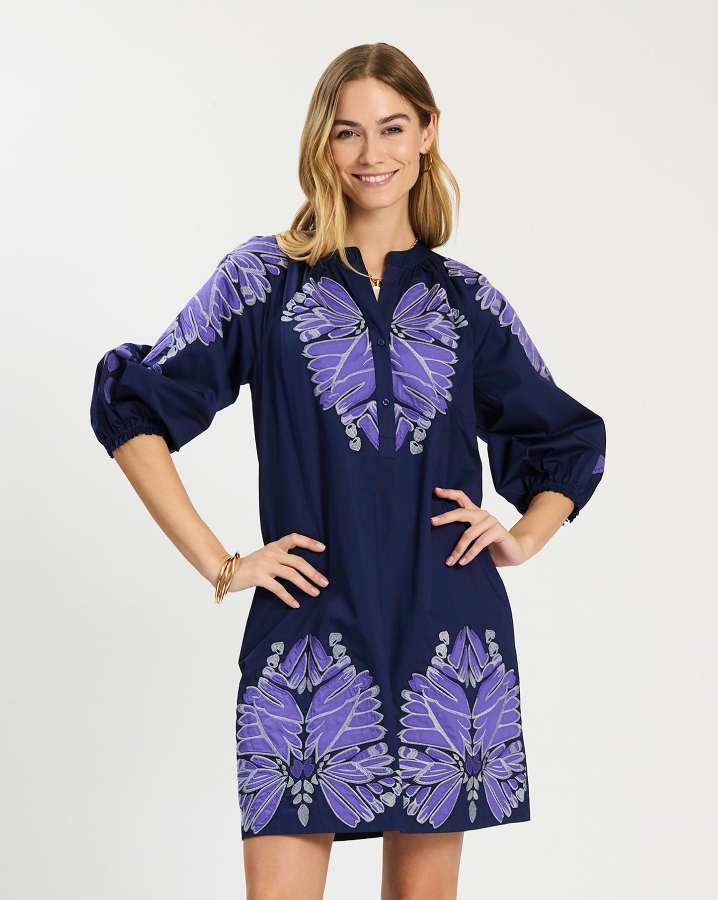 Sarah Applique Dress in navy cotton-stretch with purple floral appliqué and bracelet sleeves by TYLER BOE