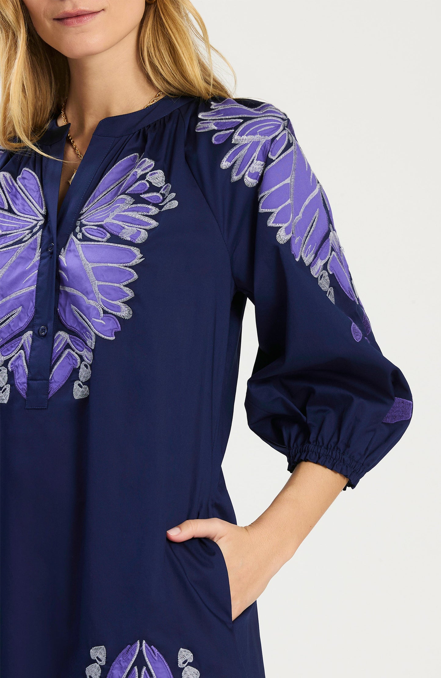 Sarah Applique Dress in navy cotton-stretch with purple floral appliqué and bracelet sleeves by TYLER BOE