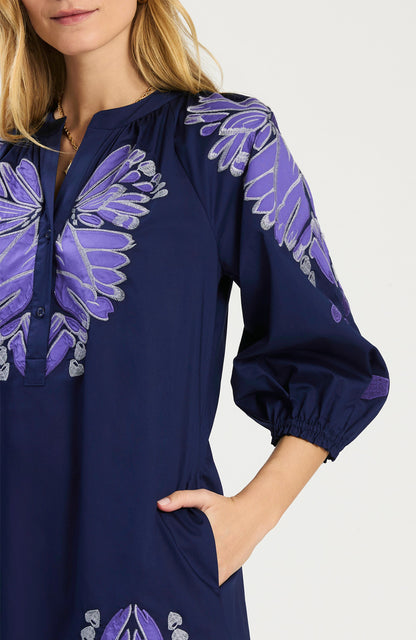 Sarah Applique Dress in navy cotton-stretch with purple floral appliqué and bracelet sleeves by TYLER BOE