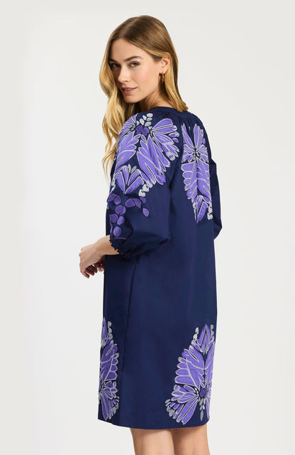 Sarah Applique Dress in navy cotton-stretch with large floral appliqué and bracelet sleeves by TYLER BOE