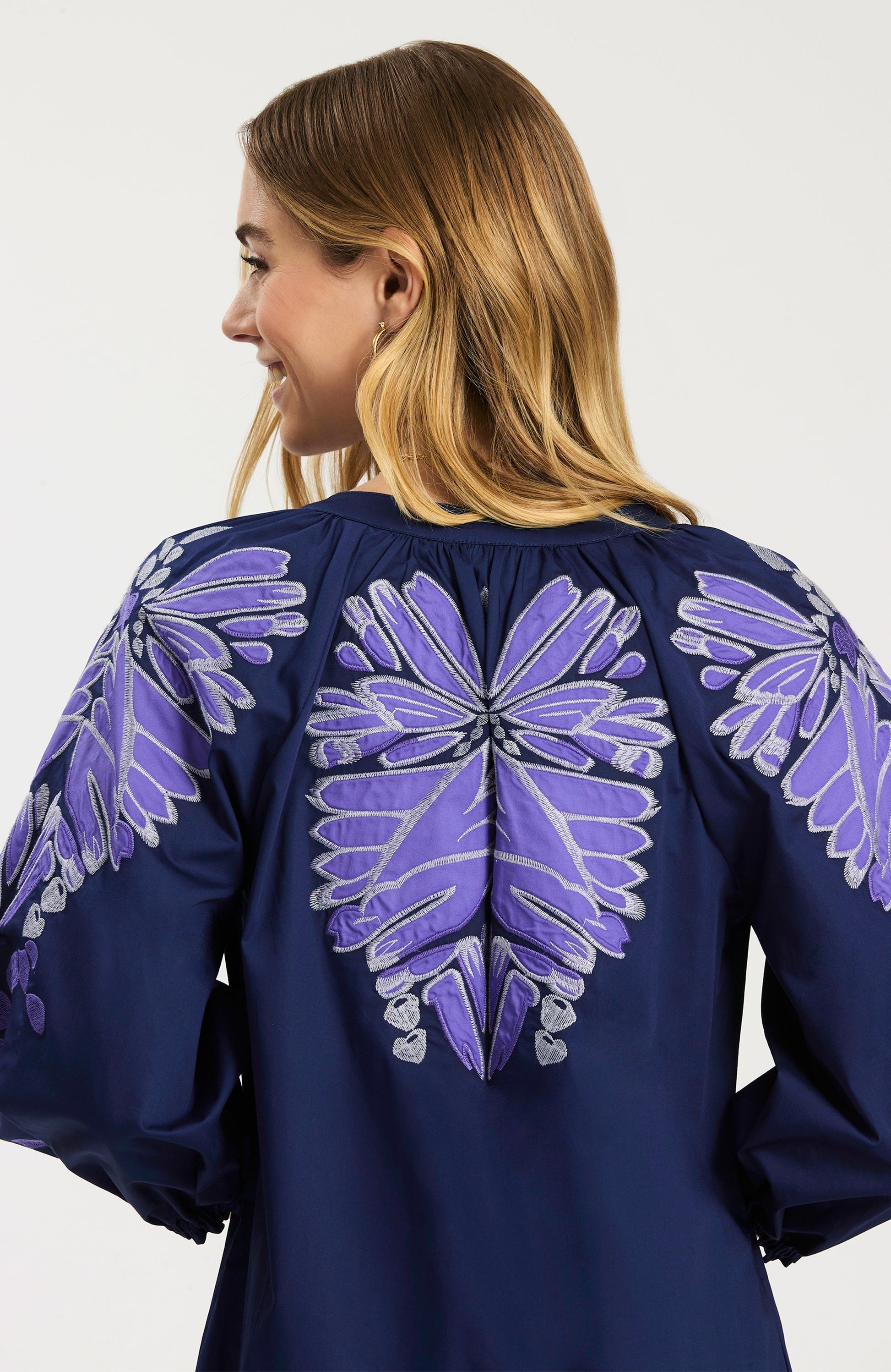 Sarah Applique Dress in navy cotton-stretch with lavender floral appliqué by TYLER BOE