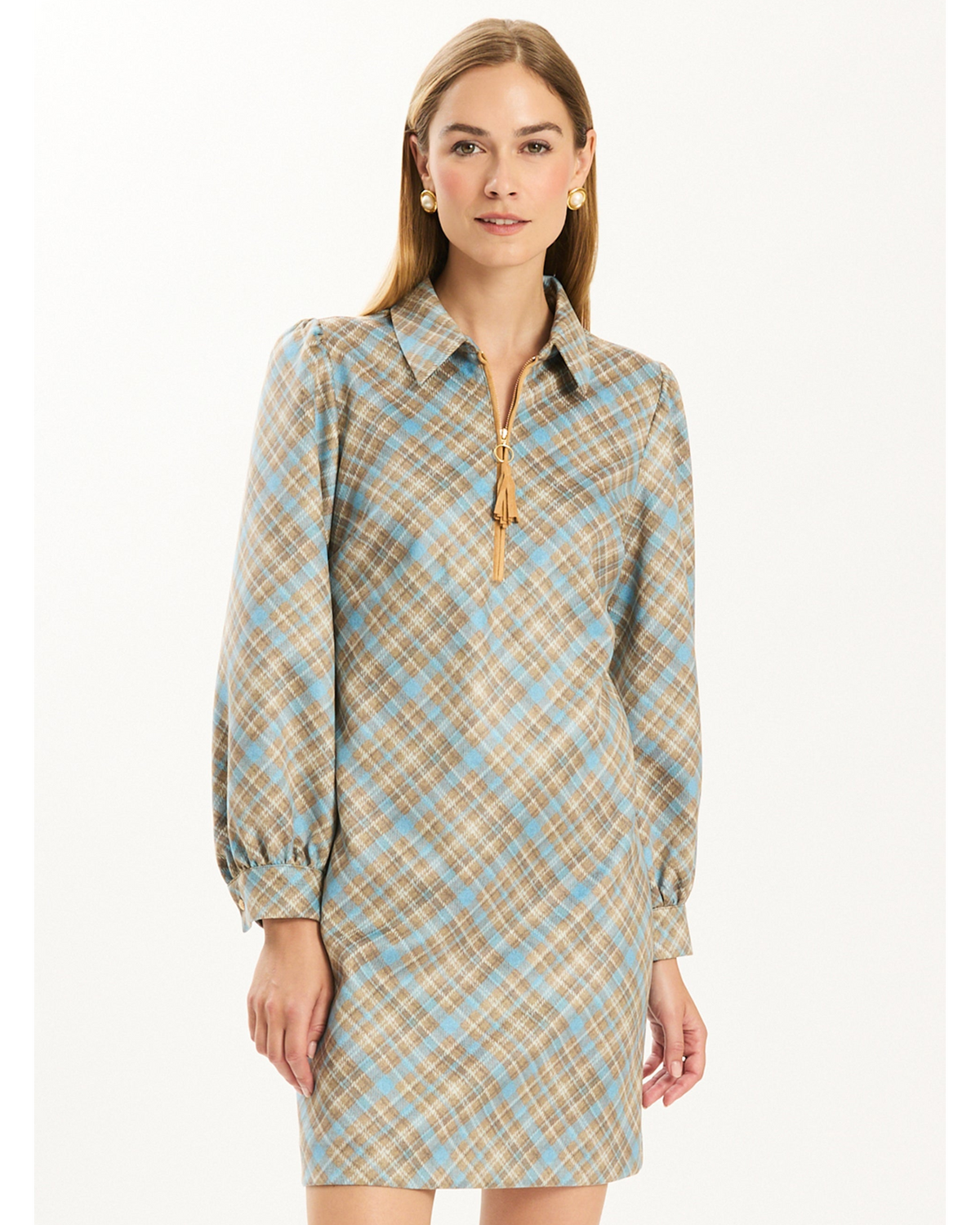 Melanie Knit Diamond Plaid Dress - Conflower/Iced Coffee