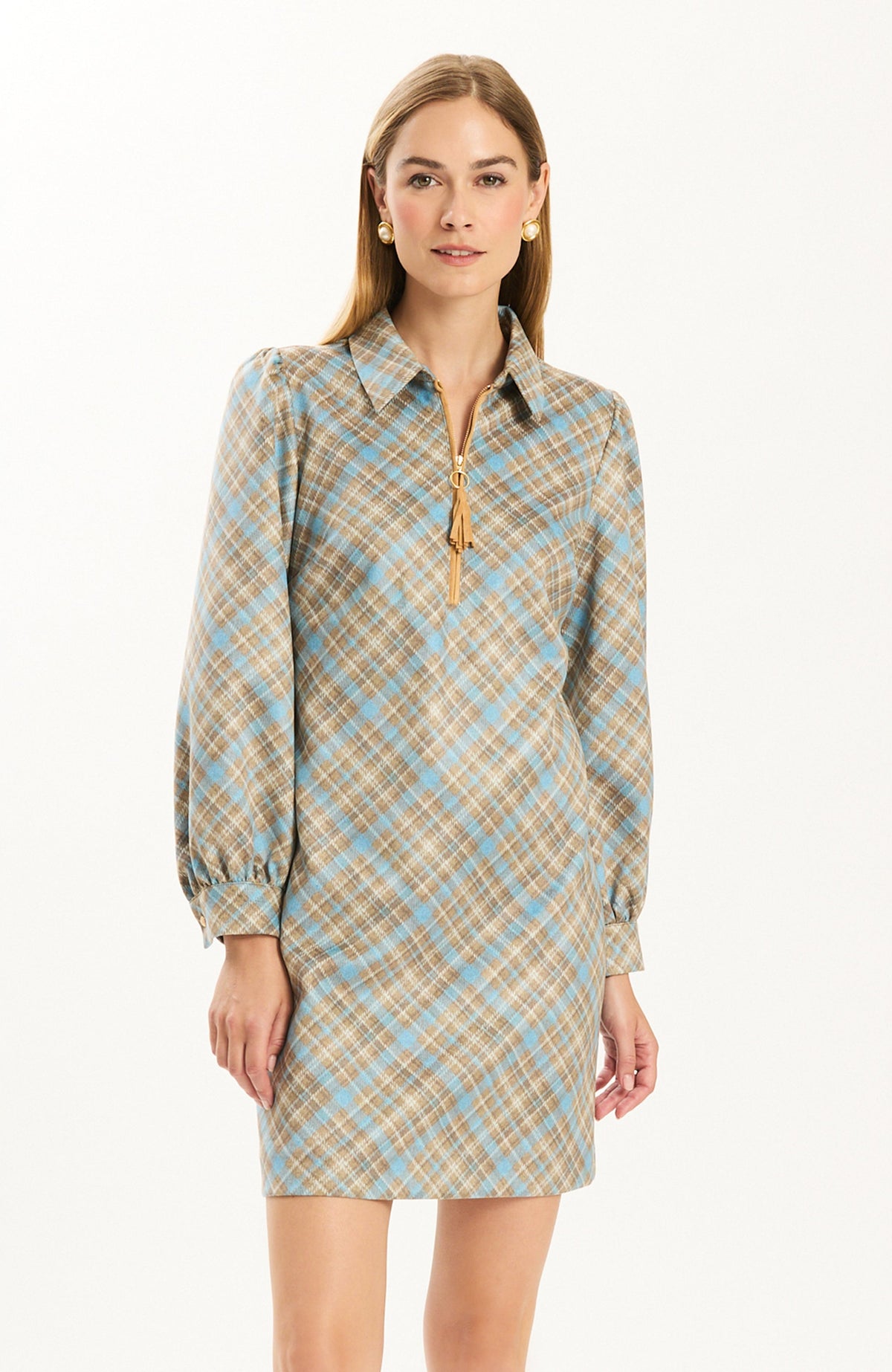 Melanie Knit Diamond Plaid Dress - Conflower/Iced Coffee
