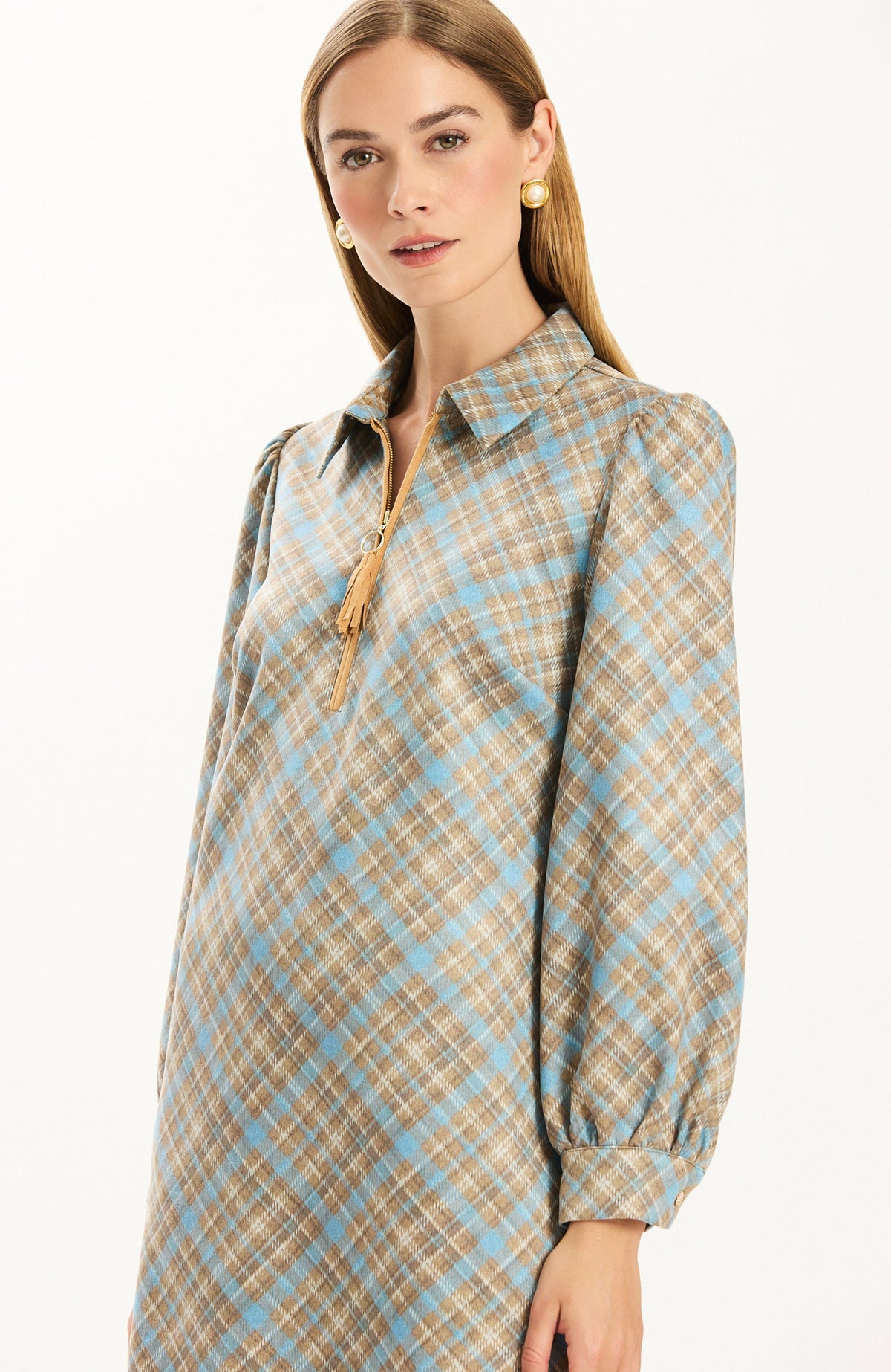 Melanie Knit Diamond Plaid Dress - Conflower/Iced Coffee
