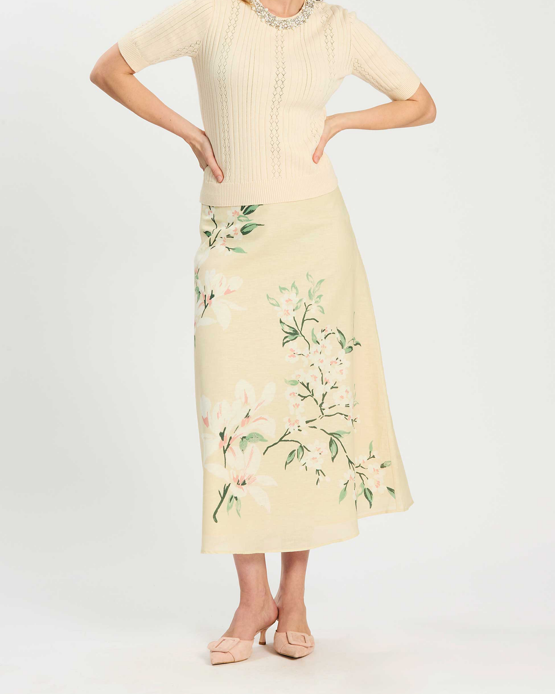 Valentina Starling Floral Skirt in soft linen with floral design, Tyler Boe at HCO Fredericksburg