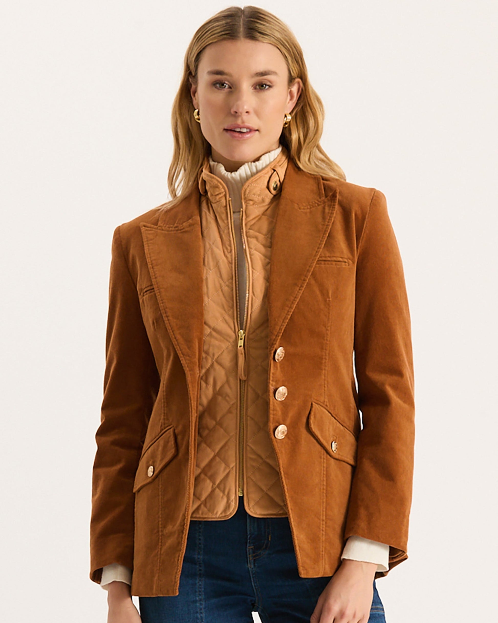 Goldie Corduroy Jacket in brown with tailored fit and gold buttons, Tyler Boe, Women's Jackets HCO