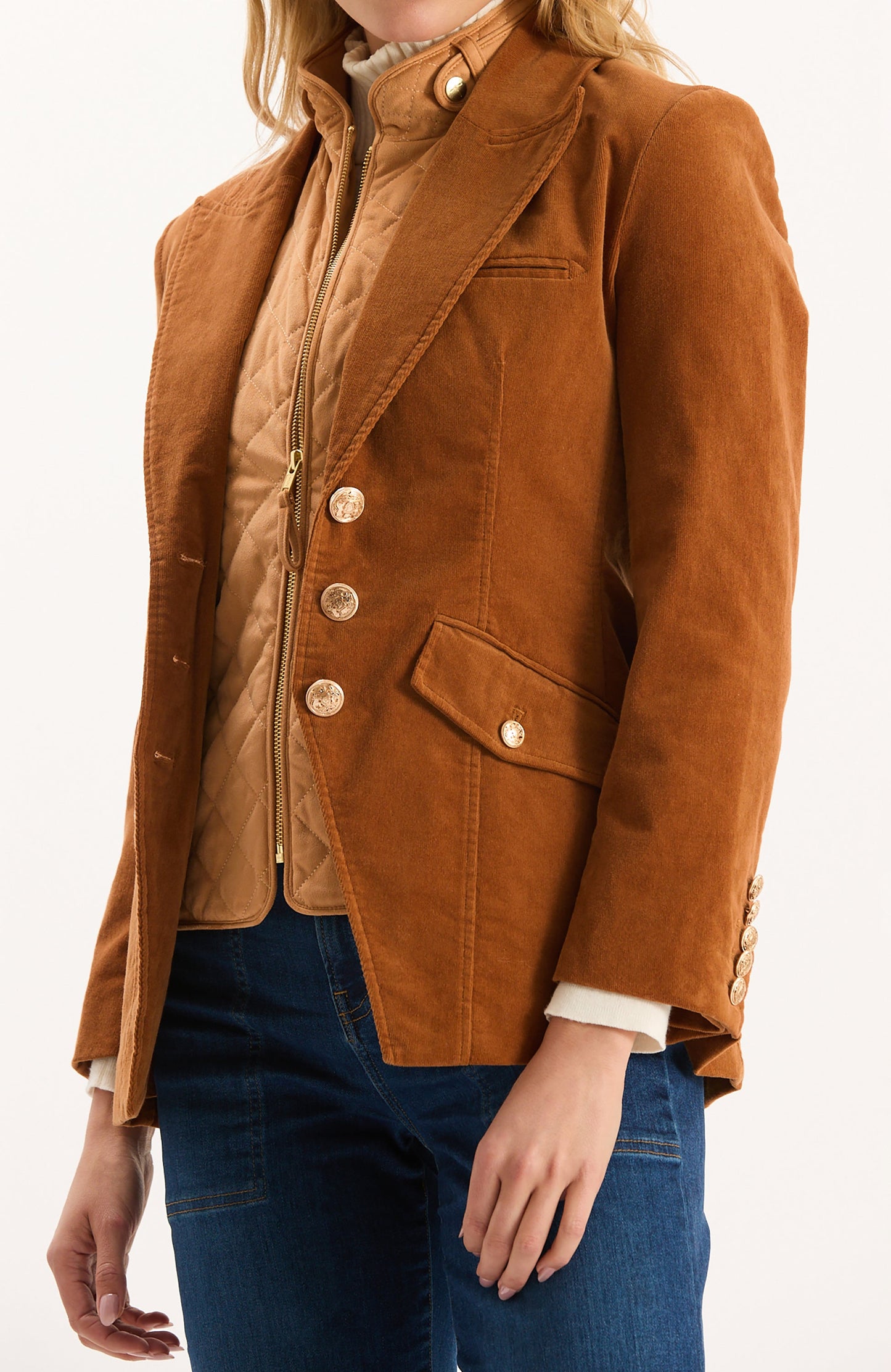 Goldie Corduroy Jacket in brown with tailored fit and gold buttons, Tyler Boe women's jackets HCO