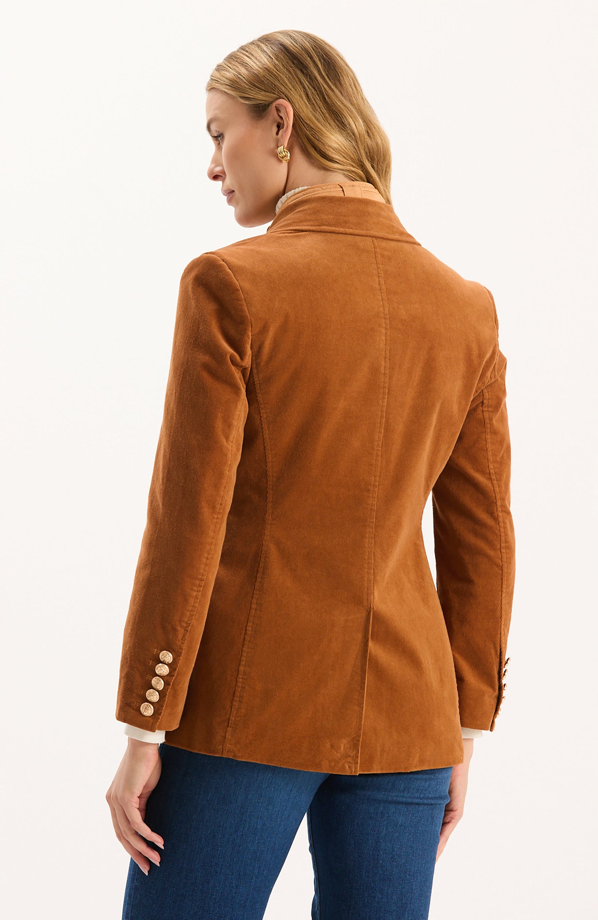 Goldie Corduroy Jacket in brown with tailored fit and gold button cuffs, Tyler Boe Women's Jackets HCO
