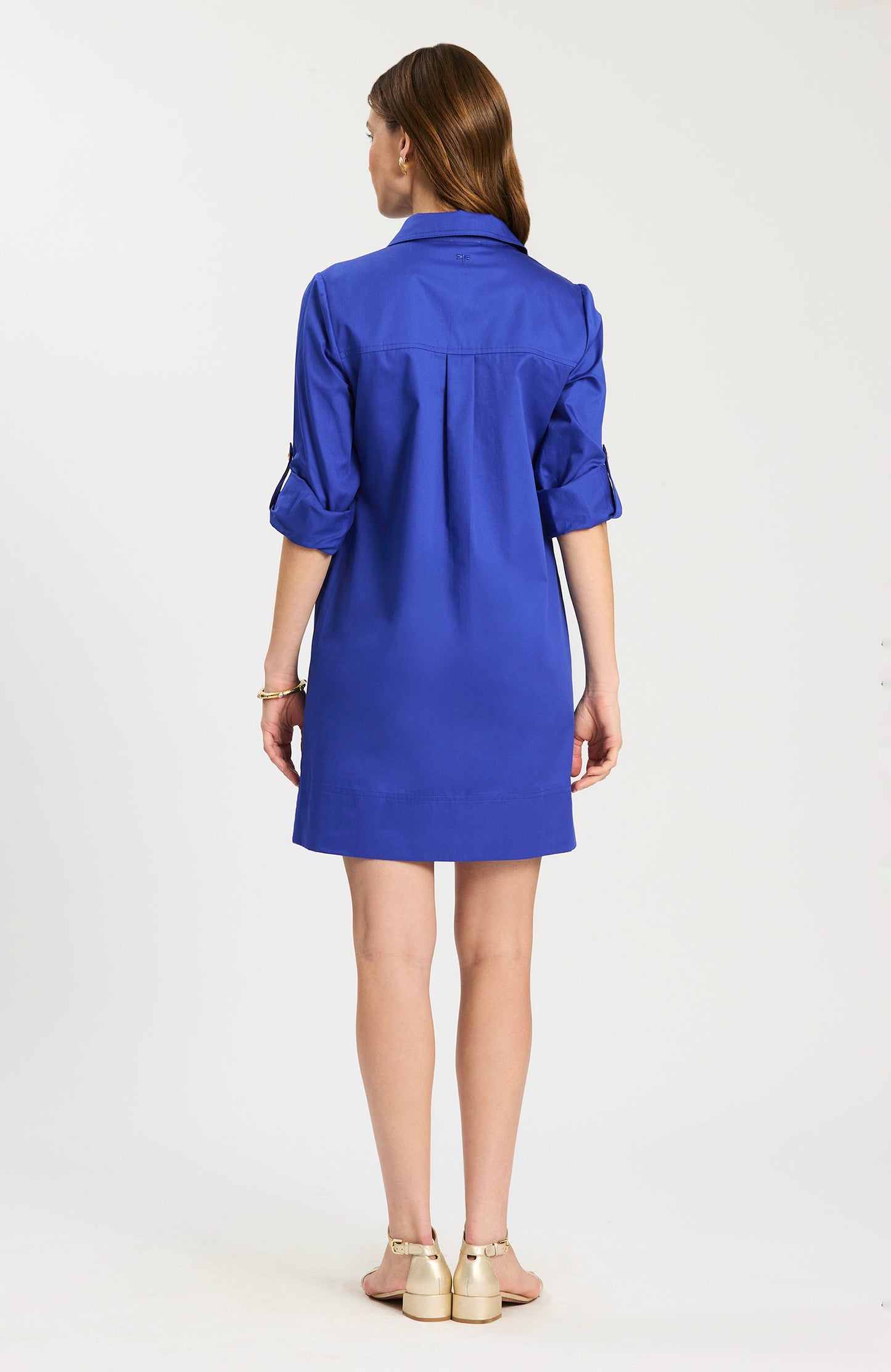 Rory Dress in blue with rolled sleeves and classic collar, Tyler Boe, curated in Fredericksburg TX