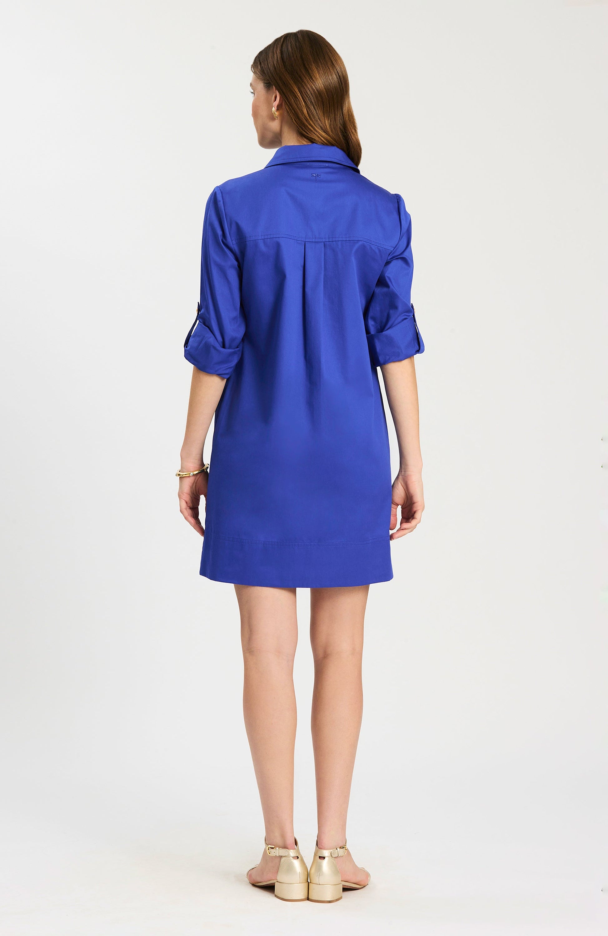 Rory Dress in blue with rolled sleeves and classic collar, Tyler Boe, curated in Fredericksburg TX
