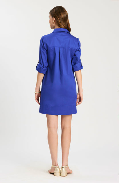 Rory Dress in blue with rolled sleeves and classic collar, Tyler Boe, curated in Fredericksburg TX