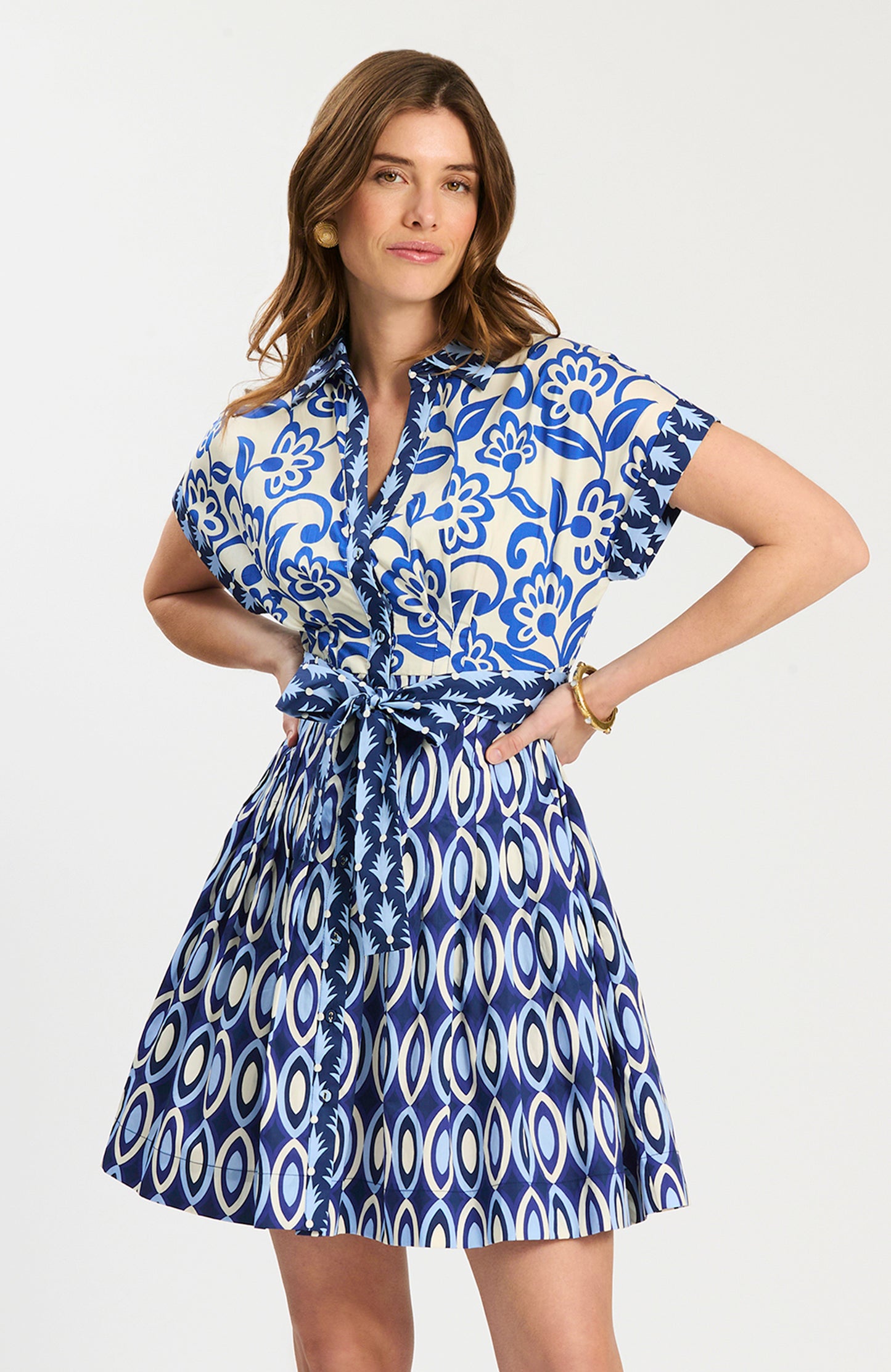 Hailey Graphic Folly Dress with mixed blue geometric and floral prints, tie waist, Tyler Boe, HCO