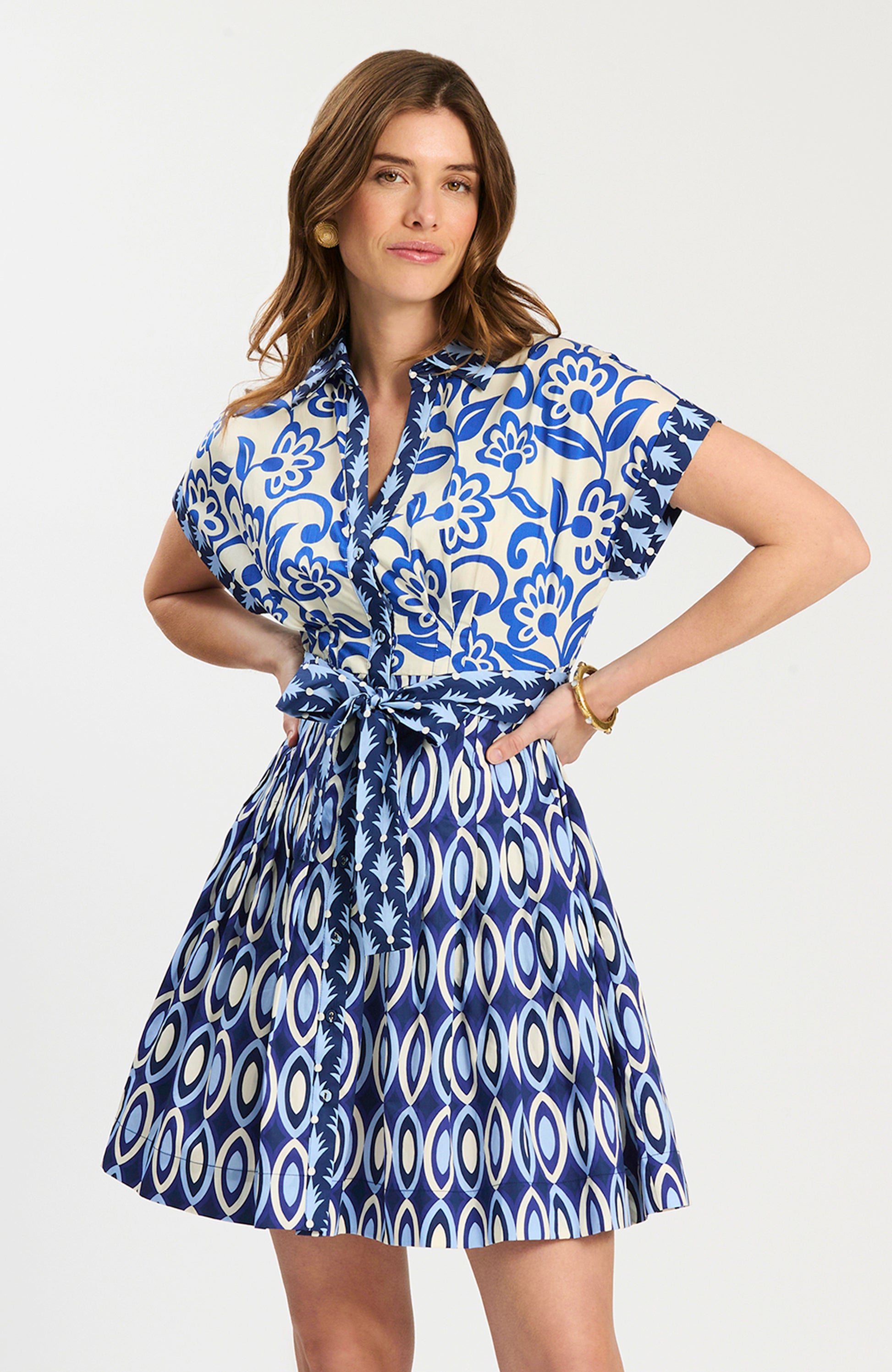 Hailey Graphic Folly Dress with mixed blue geometric and floral prints, tie waist, Tyler Boe, HCO