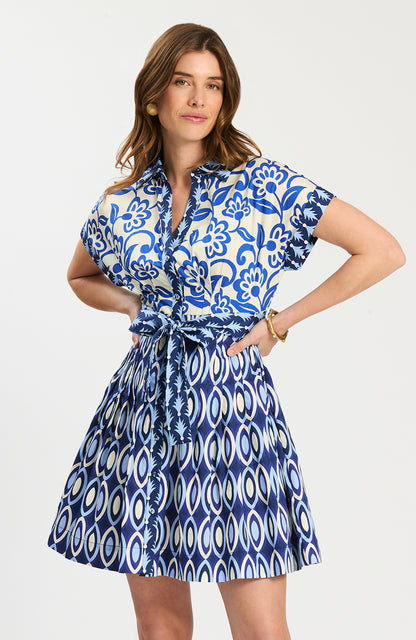 Hailey Graphic Folly Dress with mixed blue geometric and floral prints, tie waist, Tyler Boe, HCO