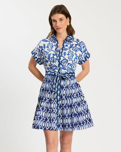 Hailey Graphic Folly Dress in mixed blue geometric and floral prints with tie waist, Tyler Boe, HCO