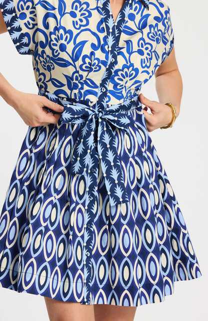 Hailey Graphic Folly Dress with blue and navy mixed geometric and floral prints, tie waist, Tyler Boe