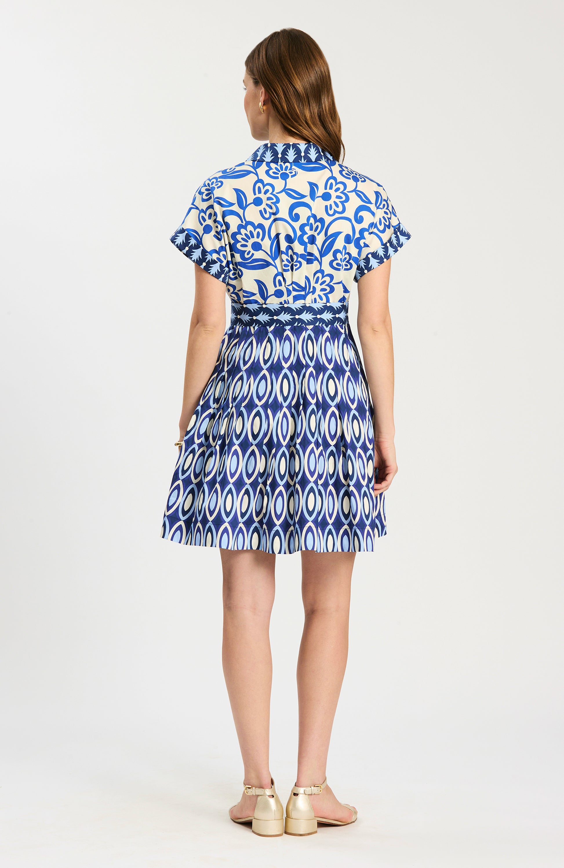 Hailey Graphic Folly Dress with blue and navy geometric and floral prints, Tyler Boe, HCO Fredericksburg