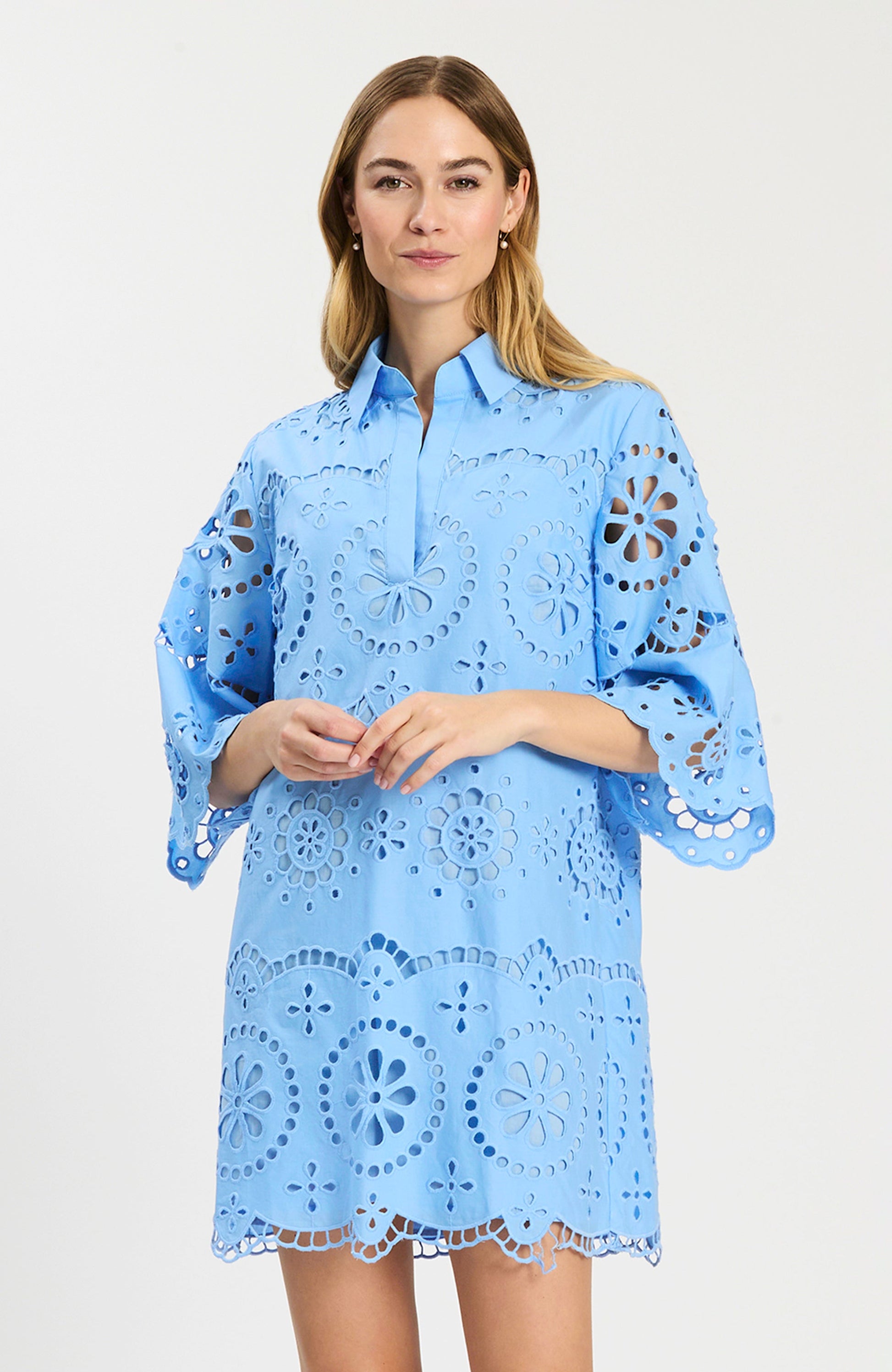 Penny Eyelet Dress in blue floral eyelet with flared sleeves, Tyler Boe, Fredericksburg boutique