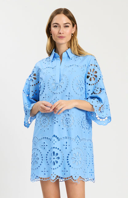 Penny Eyelet Dress in blue floral eyelet with flared sleeves, Tyler Boe, Fredericksburg boutique