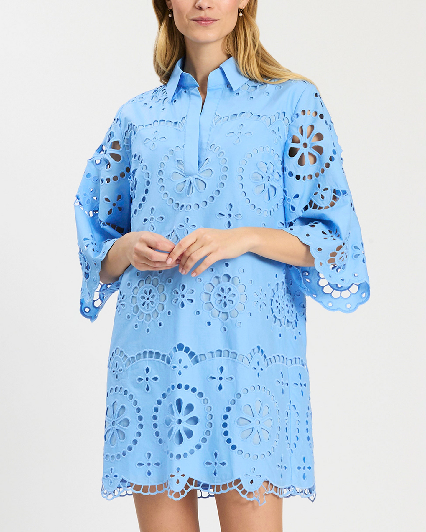Penny Eyelet Dress in blue floral eyelet with flared sleeves, Tyler Boe at Hill Country Outfitters