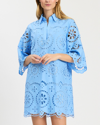 Penny Eyelet Dress in blue floral eyelet with flared sleeves, Tyler Boe at Hill Country Outfitters