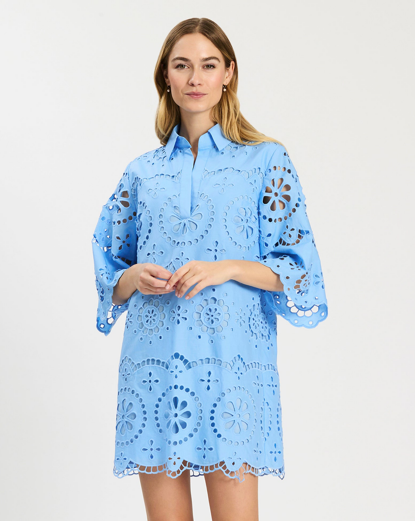 Penny Eyelet Dress in blue floral eyelet with flared sleeves, Tyler Boe, Fredericksburg boutique