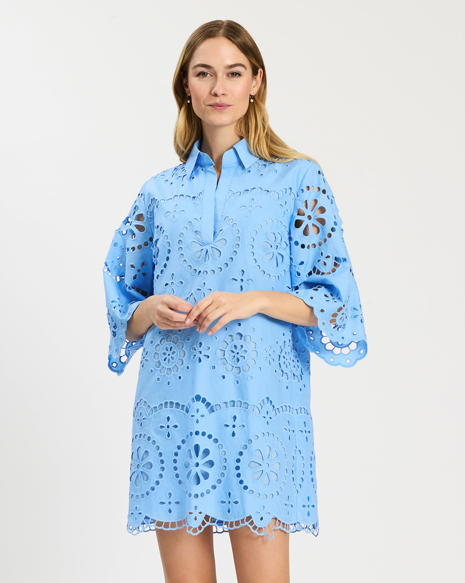 Penny Eyelet Dress in blue floral eyelet with flared sleeves, Tyler Boe, Fredericksburg boutique